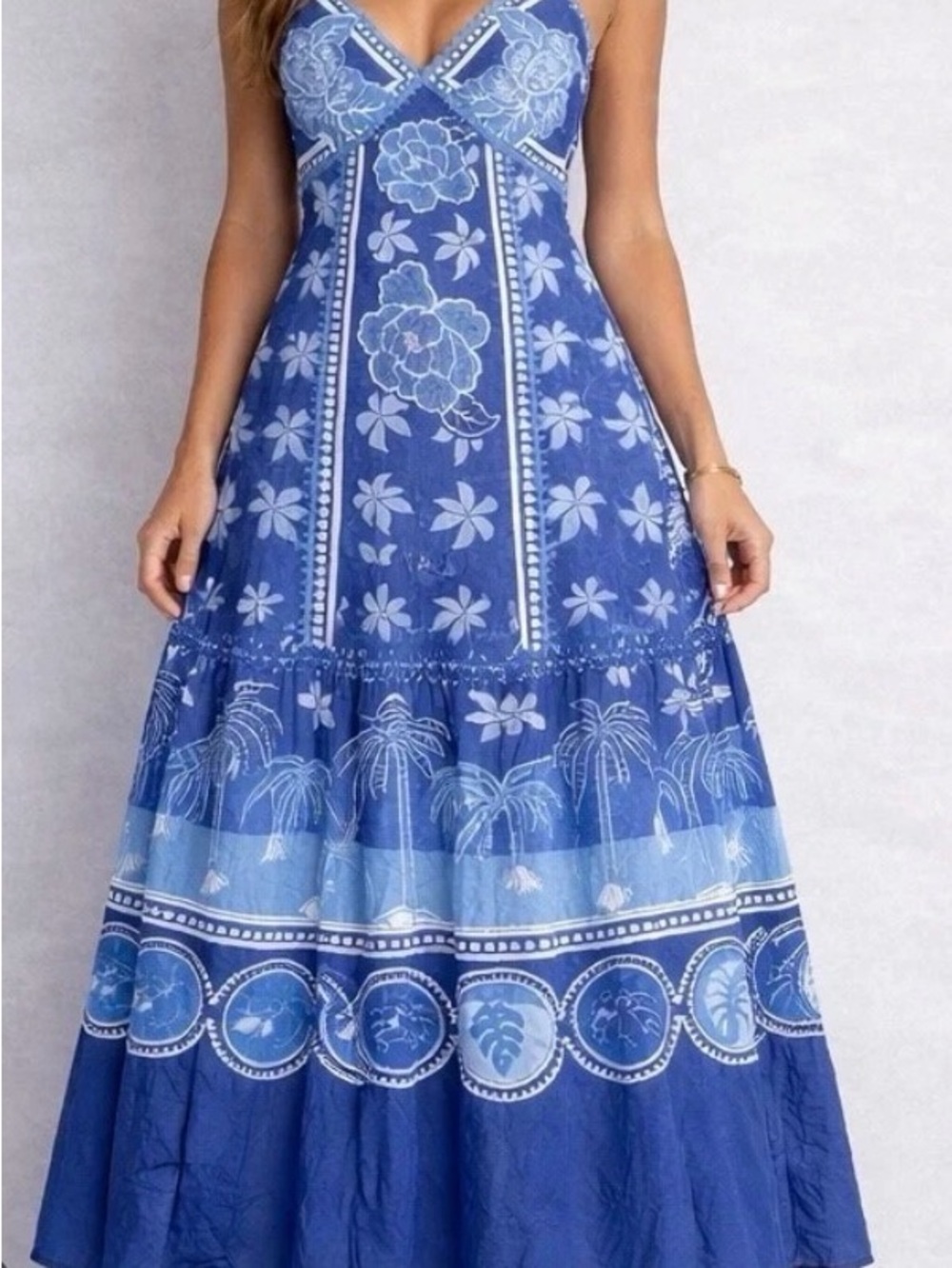 Carolina Constas linen blend  Blue Floral & Palm Maxi Dress - size Small